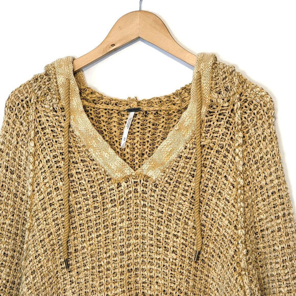 Free People Chunky Knit Crochet Hoodie Long Tunic Pullover Sweater Size M - Picture 4 of 16